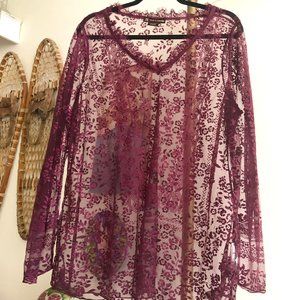 3X Boho Wine Red Floral Mesh Long Sleeve Shirt